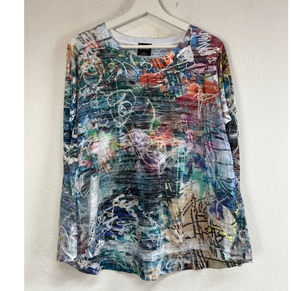 Inoah Womens Abstract Print Long Sleeve Top Small Multicolor Cotton Blend Casual